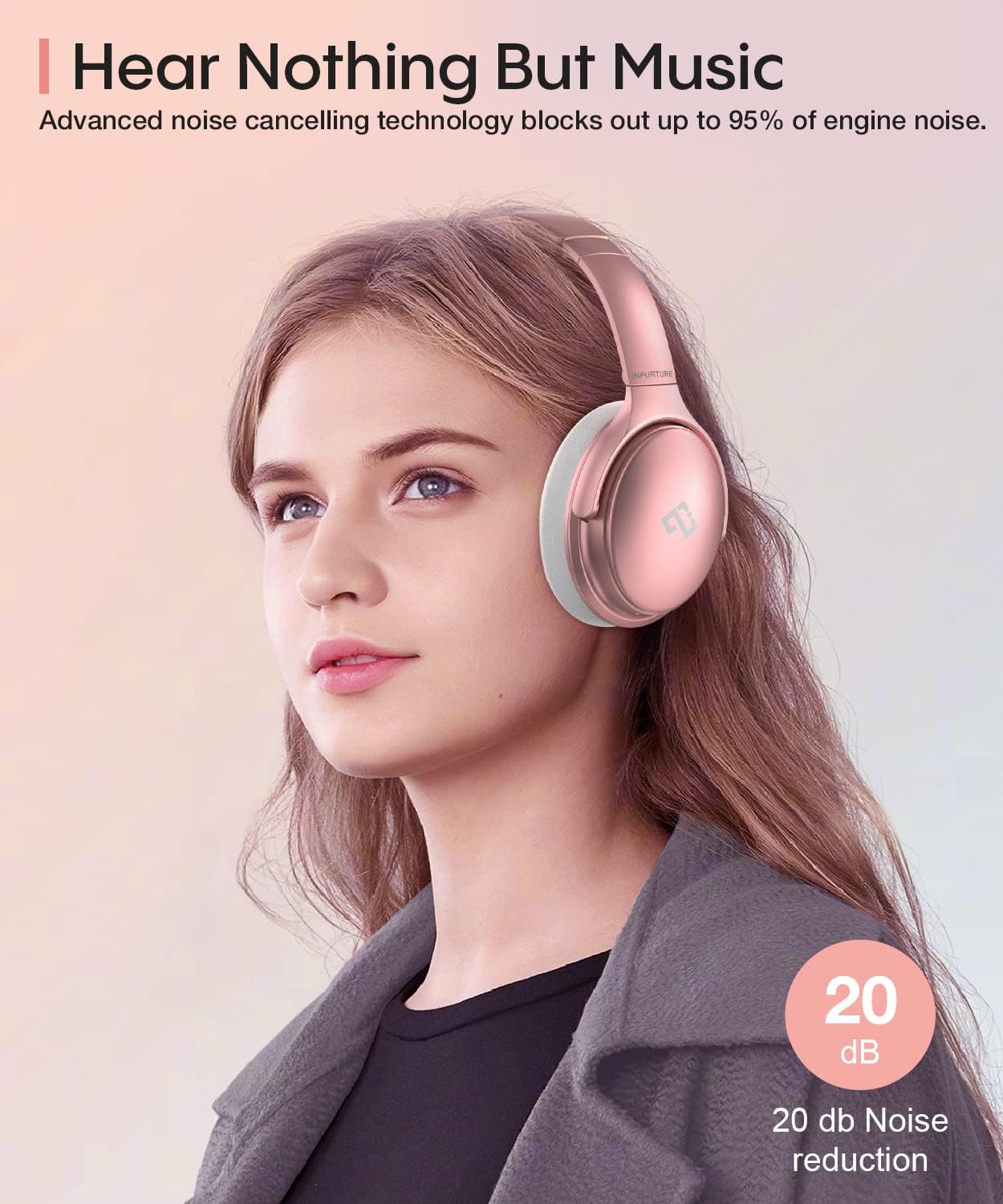 INFURTURE Rose Gold Active Noise Cancelling Headphones with Microphone Wireless Over Ear Bluetooth Headphones, Deep Bass, Memory Foam Ear Cups, Quick Charge 90H Playtime, for Travel/Sports/Audiobooks - Image 2