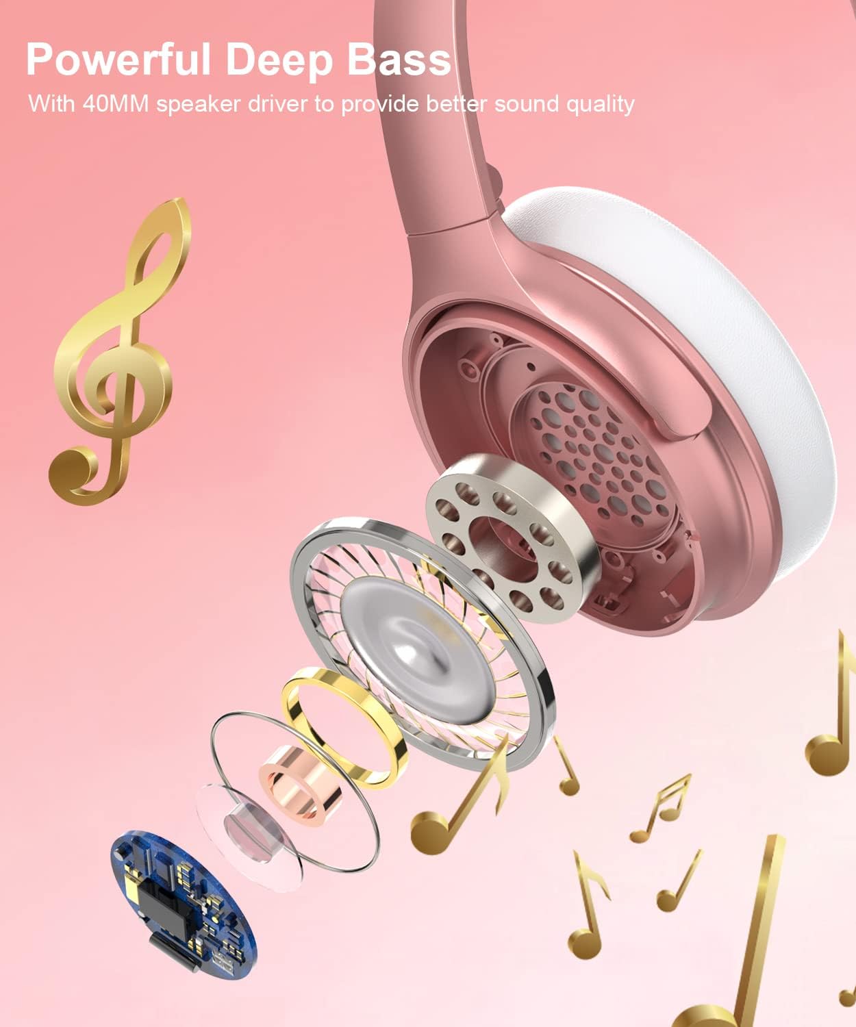 INFURTURE Rose Gold Active Noise Cancelling Headphones with Microphone Wireless Over Ear Bluetooth Headphones, Deep Bass, Memory Foam Ear Cups, Quick Charge 90H Playtime, for Travel/Sports/Audiobooks - Image 3