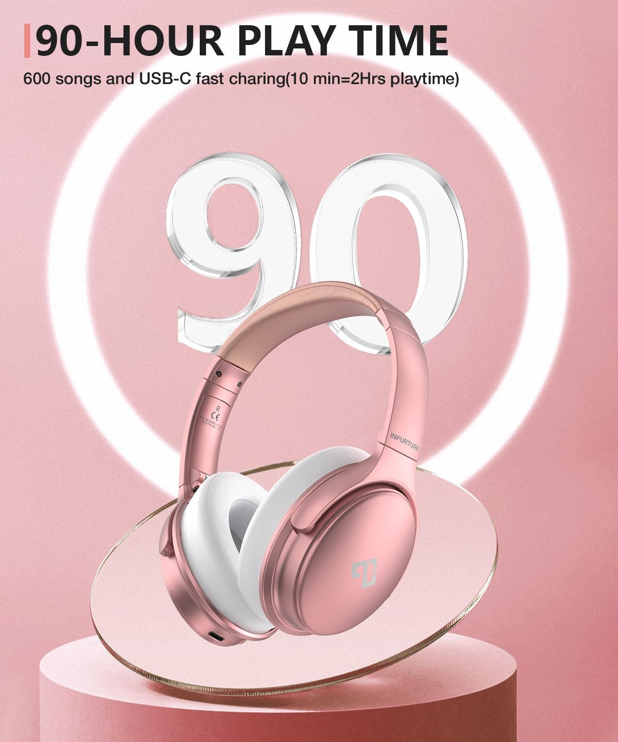 INFURTURE Rose Gold Active Noise Cancelling Headphones with Microphone Wireless Over Ear Bluetooth Headphones, Deep Bass, Memory Foam Ear Cups, Quick Charge 90H Playtime, for Travel/Sports/Audiobooks - Image 4