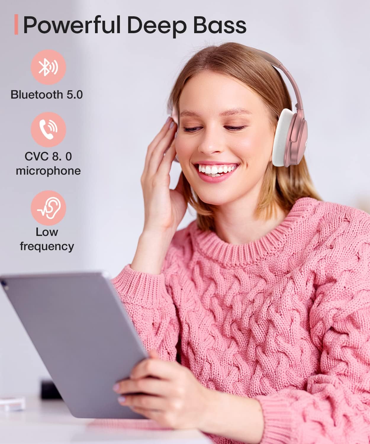 INFURTURE Rose Gold Active Noise Cancelling Headphones with Microphone Wireless Over Ear Bluetooth Headphones, Deep Bass, Memory Foam Ear Cups, Quick Charge 90H Playtime, for Travel/Sports/Audiobooks - Image 5