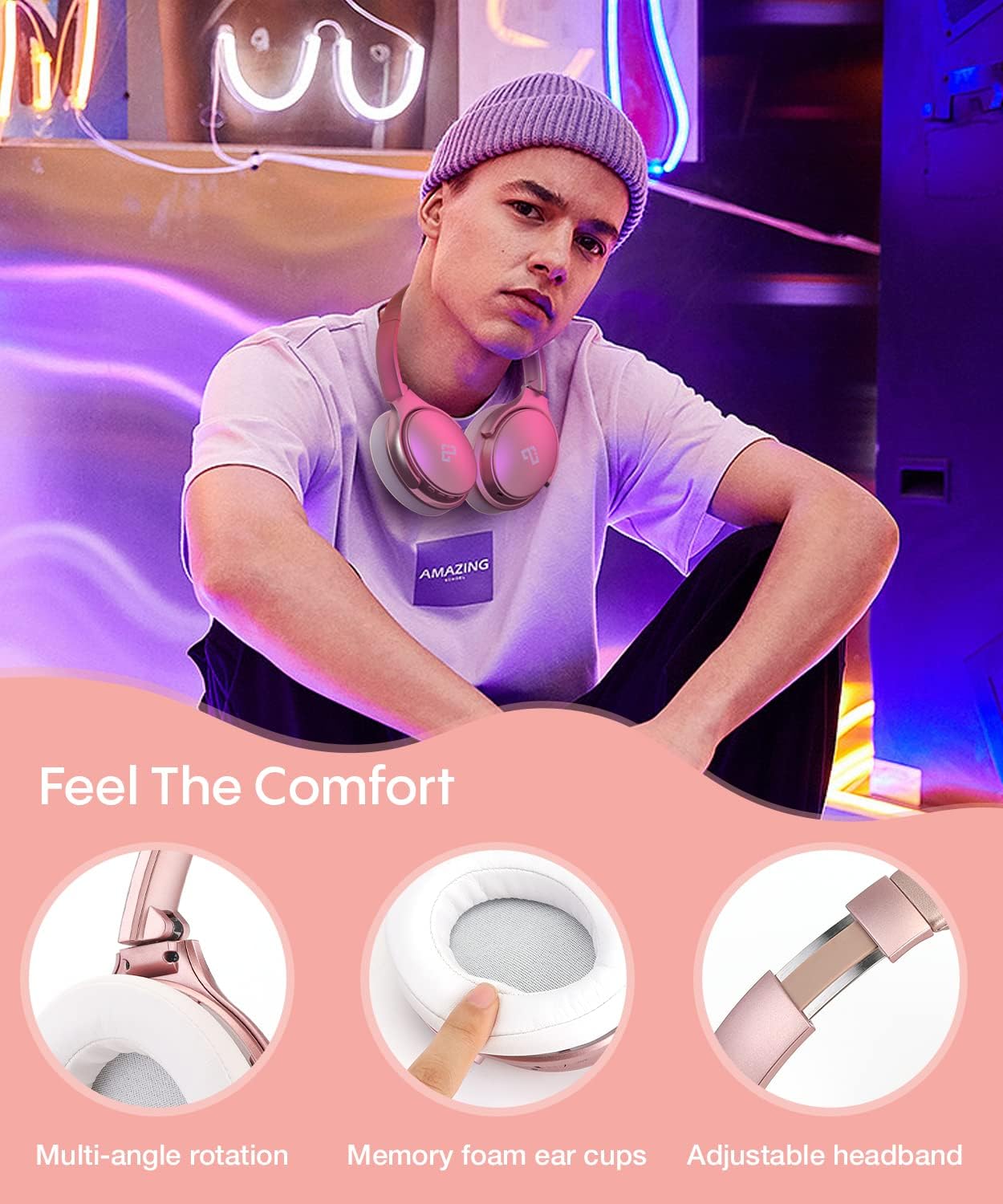 INFURTURE Rose Gold Active Noise Cancelling Headphones with Microphone Wireless Over Ear Bluetooth Headphones, Deep Bass, Memory Foam Ear Cups, Quick Charge 90H Playtime, for Travel/Sports/Audiobooks - Image 6