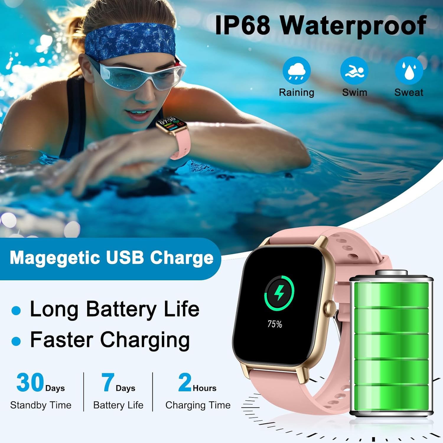 Smart Watch with Bluetooth Call (Answer/Make Call), 1.85" Ultra Large HD Screen, 100+ Sports Mode 2025 Smart Watches for Men Women, IP68 Waterproof Fitness Tracker with Heart Rate Sleep Monitor, Pink - Image 3