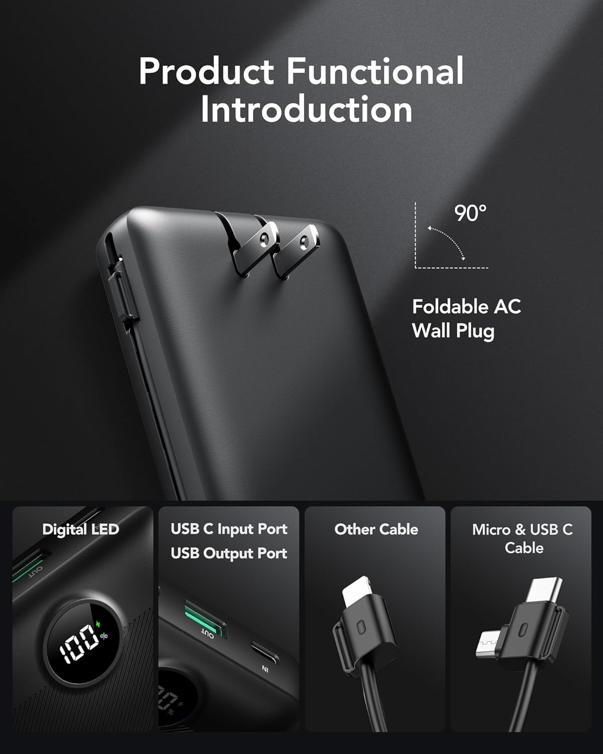 VRURC Portable Charger 20000mAh, Fast Charging Power Bank USB C,4 Output 2 Input Travel Essentials Charging Bank Equipped with LED Display,Built-in Wall Plug and Cables,Phone Charger Battery,Black - Image 2