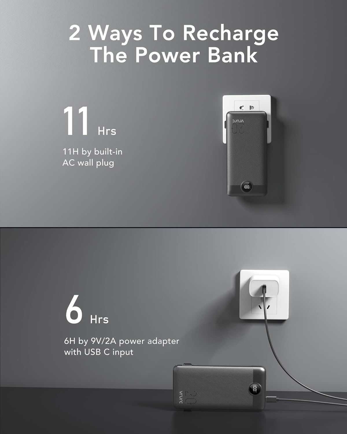 VRURC Portable Charger 20000mAh, Fast Charging Power Bank USB C,4 Output 2 Input Travel Essentials Charging Bank Equipped with LED Display,Built-in Wall Plug and Cables,Phone Charger Battery,Black - Image 4