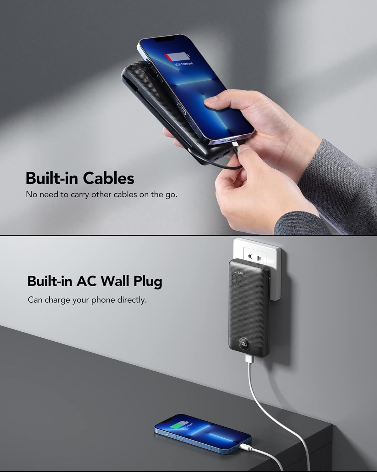 VRURC Portable Charger 20000mAh, Fast Charging Power Bank USB C,4 Output 2 Input Travel Essentials Charging Bank Equipped with LED Display,Built-in Wall Plug and Cables,Phone Charger Battery,Black - Image 9